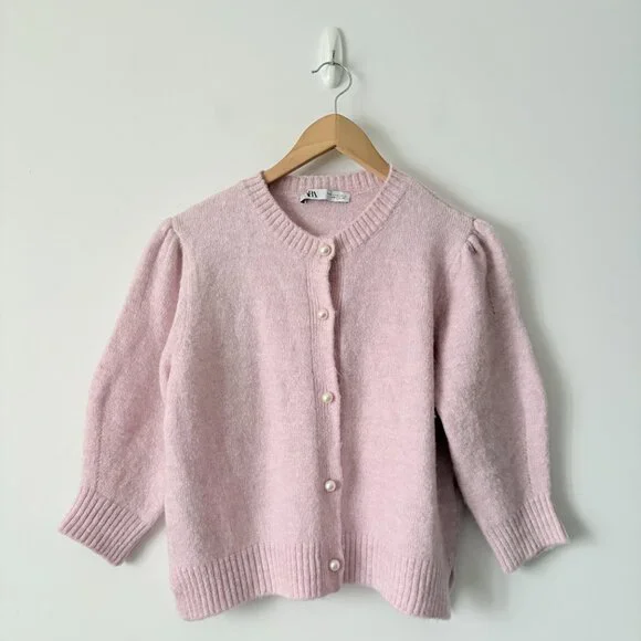 Zara Pearl Button Soft Knit Cardigan Light Pink Size Medium - Picture 3 of 6